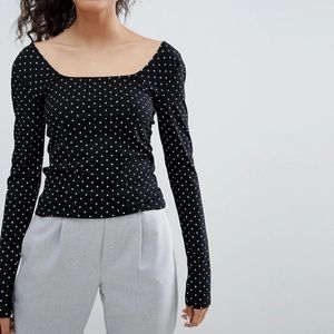 NWOT Bershka Polka Dot Crop Long Sleeve Top Square Neck